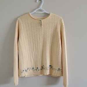 Vintage Koret Francisca Cream Cute Sweater Blue Floral Embroidery  Country Sz M